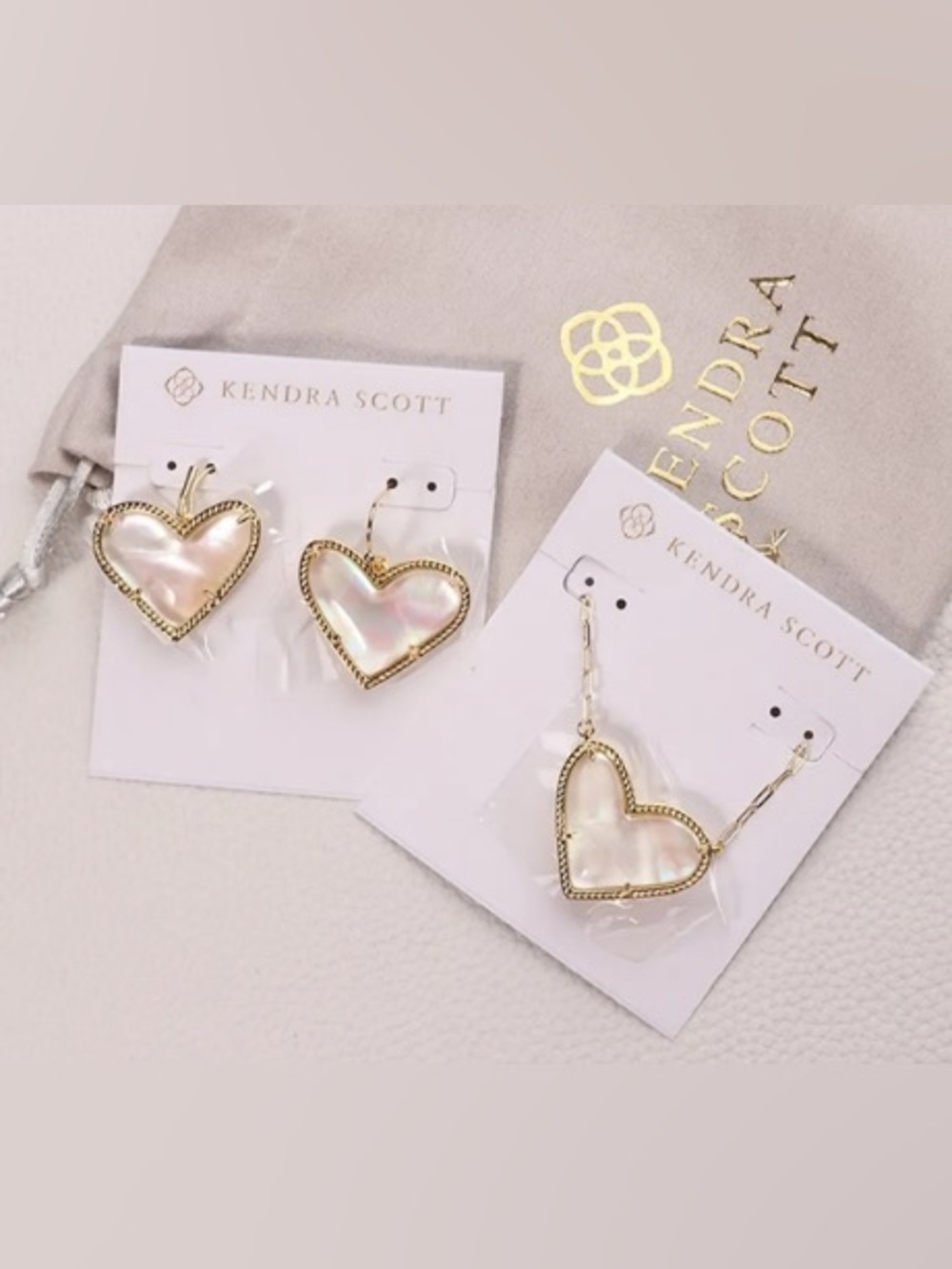 Kendra Scott Gold Iridescent Mother-of-Pearl Heart Earrings and Necklace set